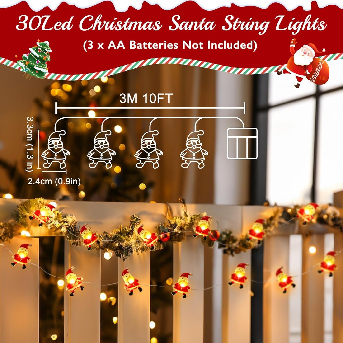 Bulk 10 Foot 30 LED Santa String Lights Battery Operated Fairy Lights for Indoor Christmas Tree Holiday Party Home Decor Wholesale