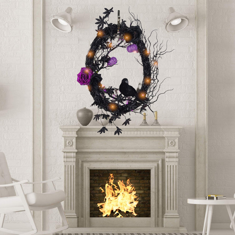 Artificial Maple Leaf Halloween Wreath with Black Crow, Purple Rose, Pumpkin & Grapevine – Fall Party Decoration, Bulk Wholesale