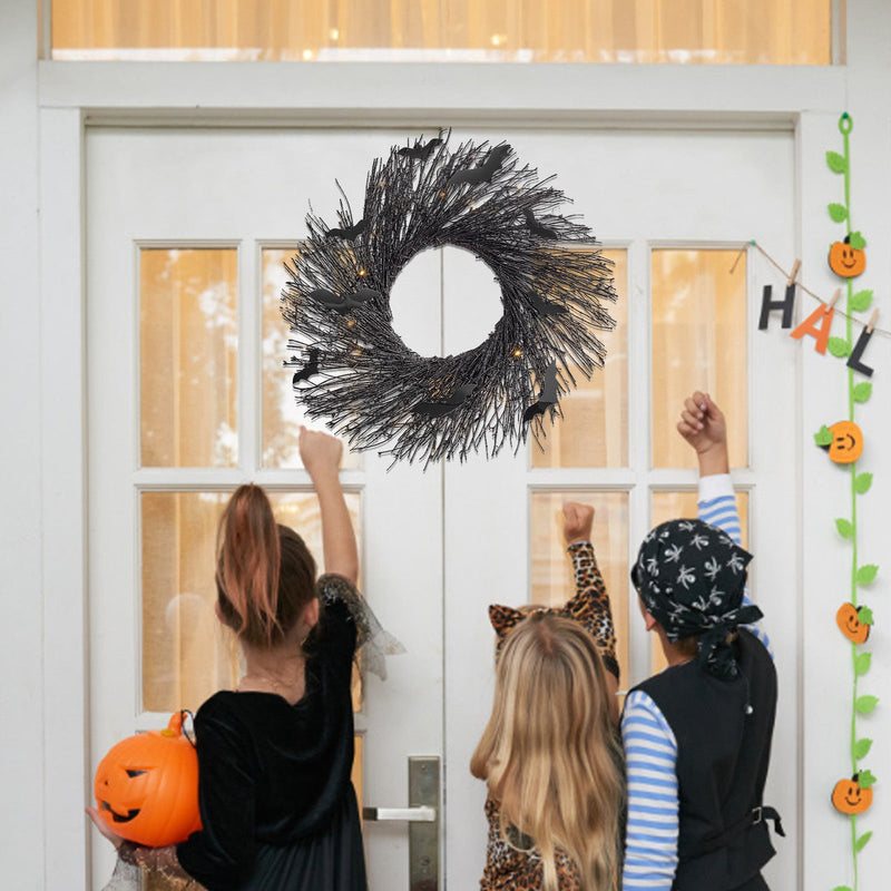 Halloween Bat Wreath with LED Lights, 20 Inch Artificial Decorative Wreath