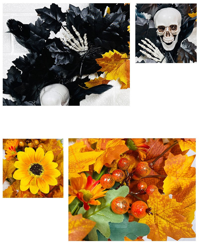 Halloween Skull Wreath with Artificial Black and Orange Maple Leaves, 12 Inch Front Door Decoration, Bulk Holiday Party Wreath