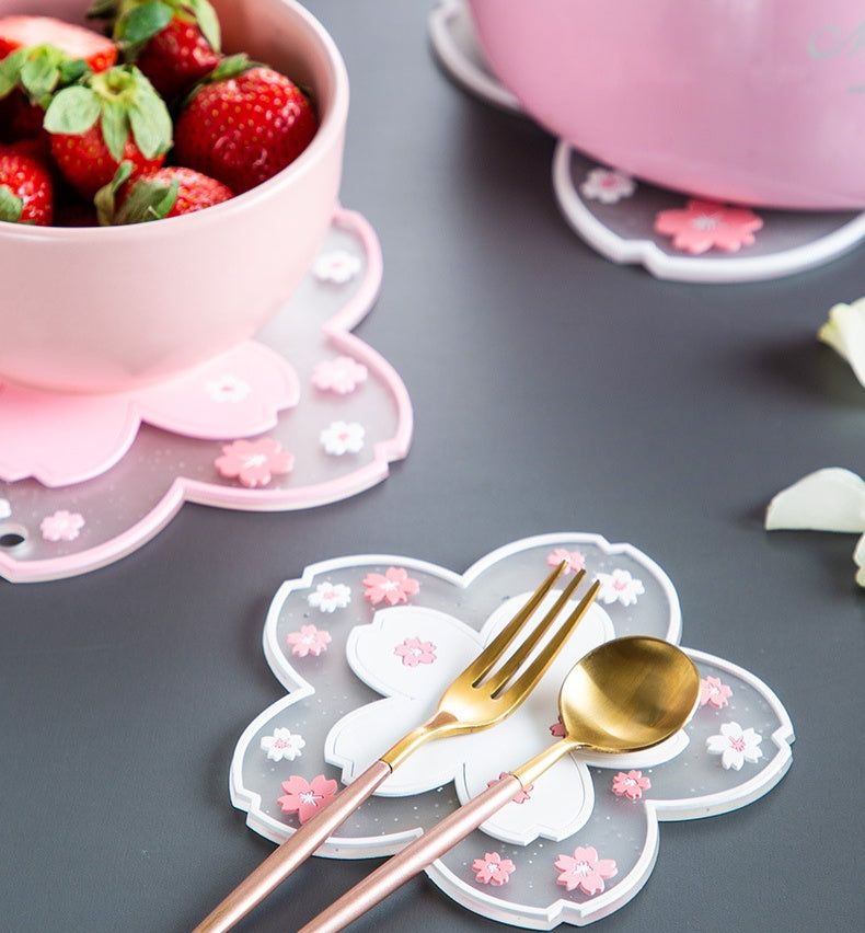 Bulk 3 Pcs PVC Sakura Coasters Cute Non-Slip Washable Silicone Placemat for Party Dining Decor Wholesale