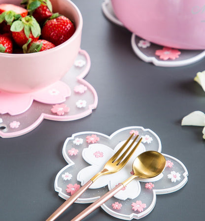 Bulk 3 Pcs PVC Sakura Coasters Cute Non-Slip Washable Silicone Placemat for Party Dining Decor Wholesale