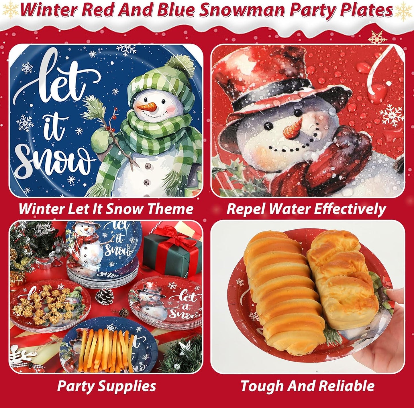 Bulk 100Pcs 7-Inch Let It Snow Christmas Paper Plates – Snowman Themed Red and Blue Party Tableware for Holiday Celebrations Wholesale