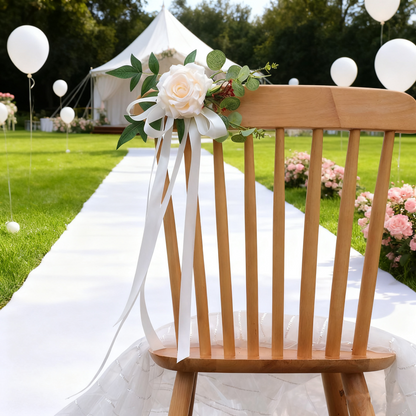 6PCS Wedding Chair Back Flowers Nordic Rustic Artificial Floral Decor with Ribbon for Outdoor Wedding & Photography Props