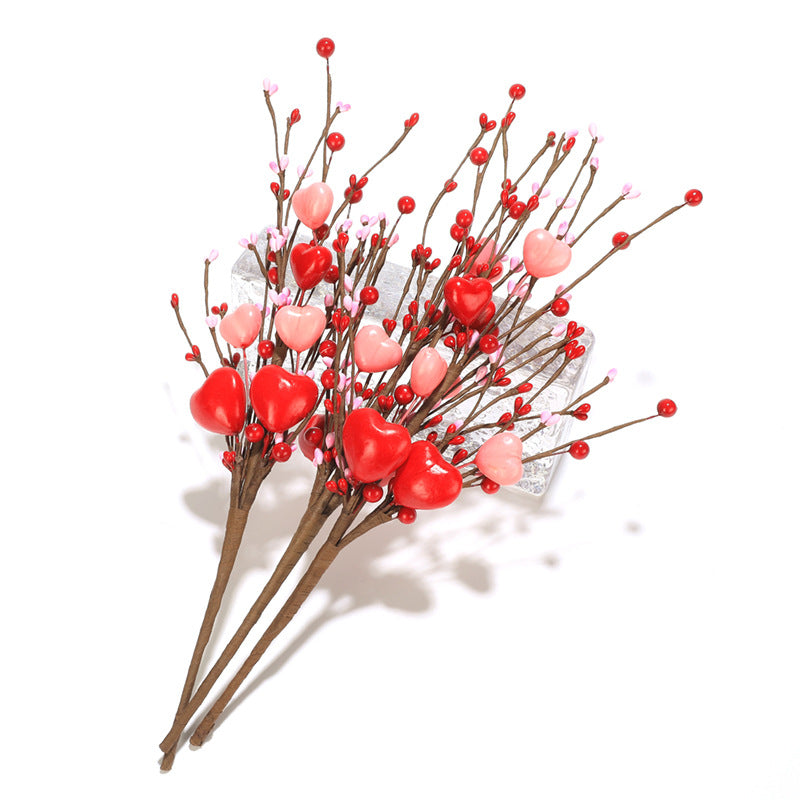Bulk 3Pcs Red Heart Berry Stems Artificial Valentine’s Day Flowers for Home Office Table Decor Wholesale