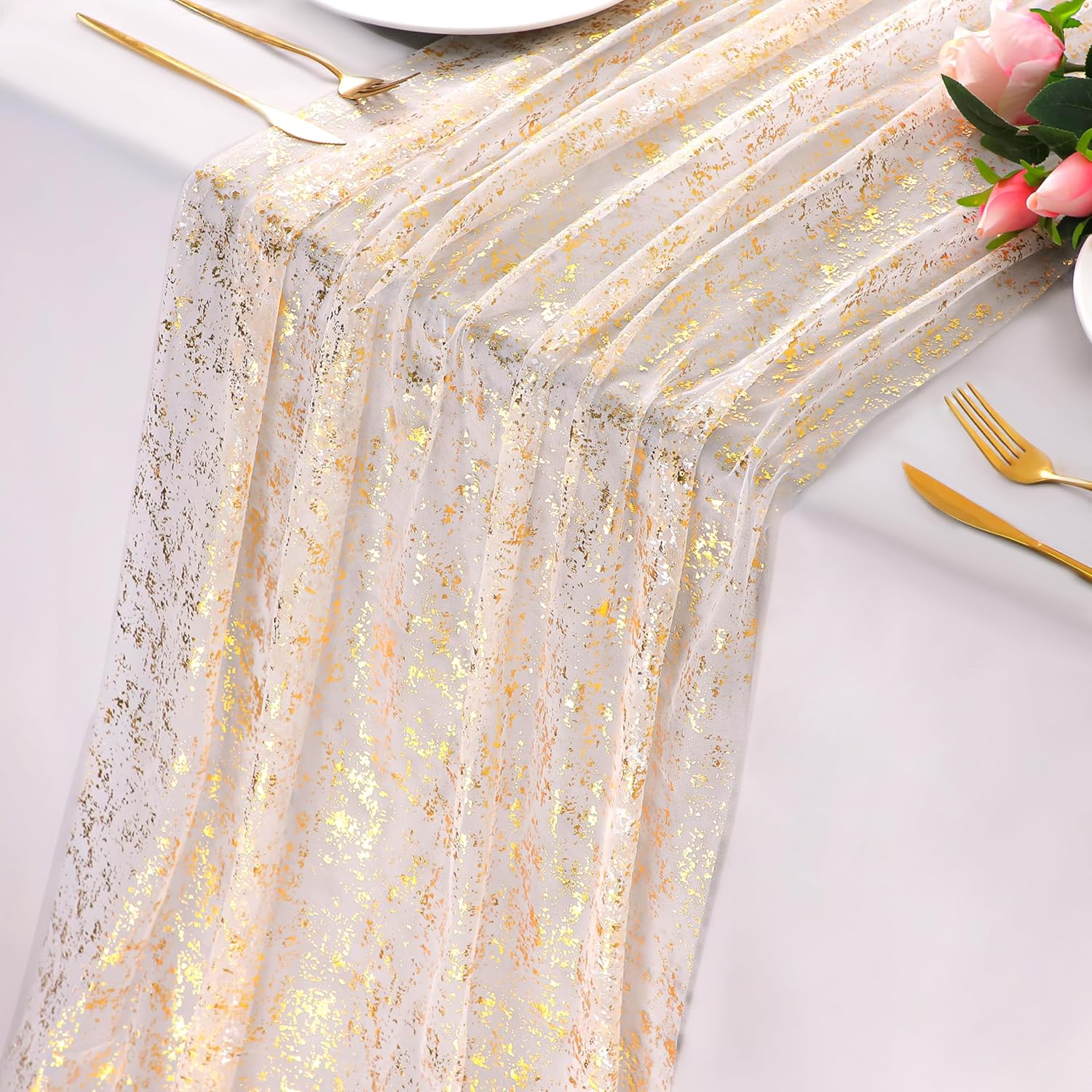 Bulk 13Ft Gold Table Runner Sequin Glitter Sheer Chiffon Cheesecloth with Metallic Foil for Wedding Birthday Baby Shower Party Decorations Wholesale