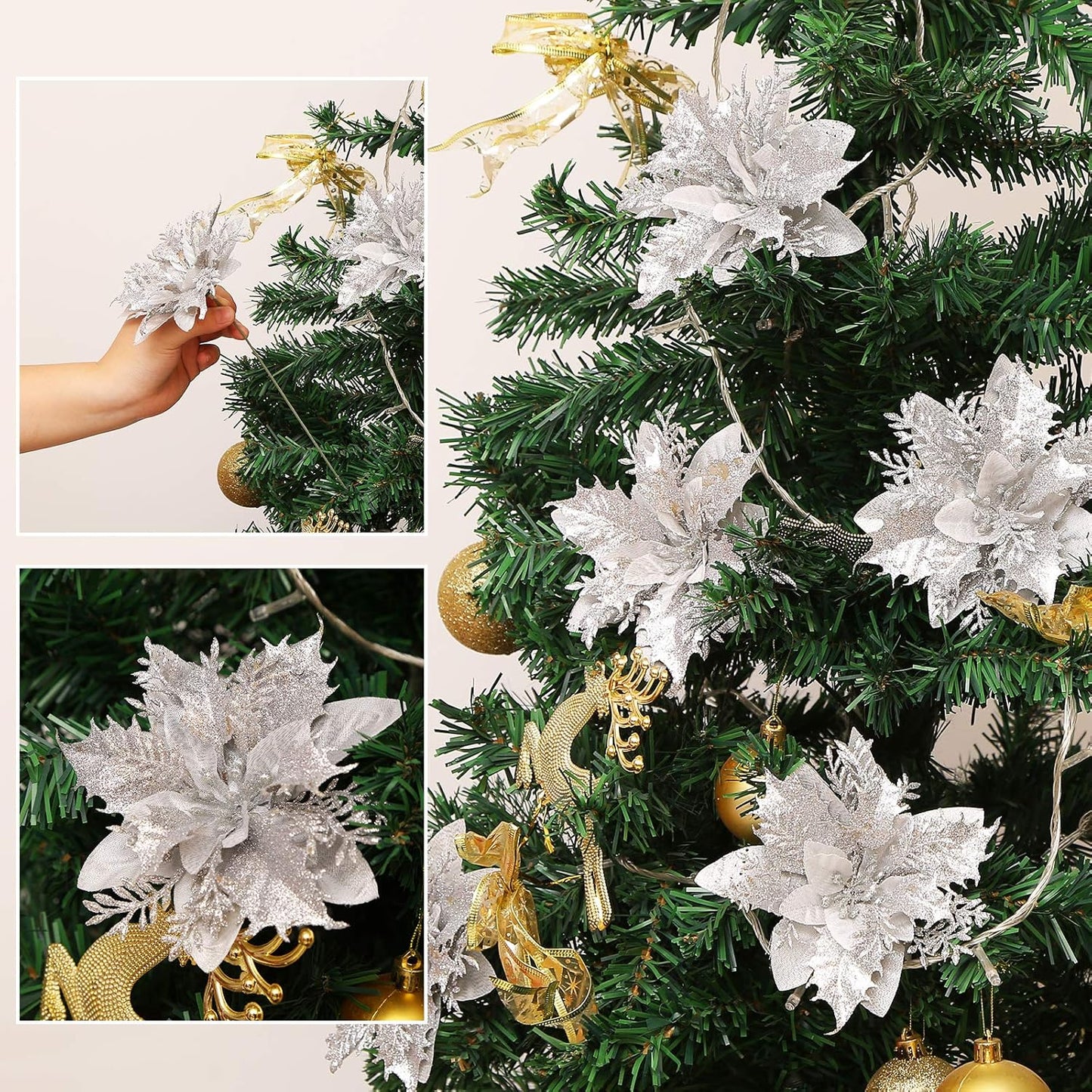 Bulk 12Pcs 5.5" Glitter Poinsettia Artificial Flowers with Clips for Christmas Tree Ornaments Wedding Party DIY Wreath Decor Wholesale