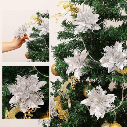 Bulk 12Pcs 5.5" Glitter Poinsettia Artificial Flowers with Clips for Christmas Tree Ornaments Wedding Party DIY Wreath Decor Wholesale