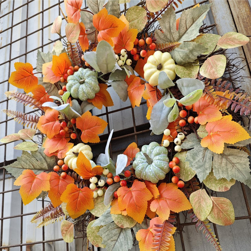 Artificial Pumpkin and Maple Leaf Wreath 14 Inch Fall Harvest Thanksgiving Decor