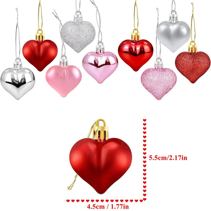Bulk 36Pcs Valentine's Day Heart Shaped Ornaments Red Pink Silver Glitter Hanging Decorations Wholesale