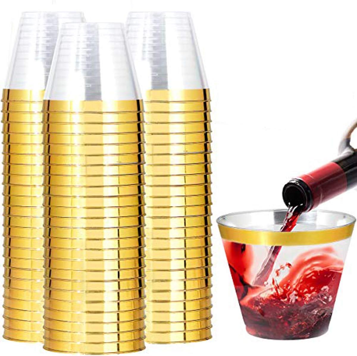 Bulk 50 Pcs 9 oz Gold Plastic Cups Elegant Clear Disposable Wine Glasses with Gold Rim for Wedding Party Wholesale