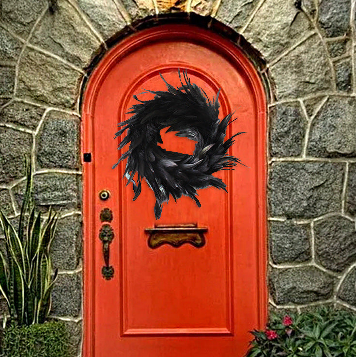 Halloween Black Feather Wreath with Eyeball Decoration 12 Inch Artificial