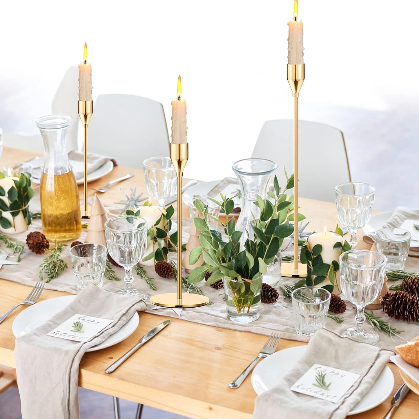 Bulk Set of 3 Gold Taper Candle Holders Metal Candle Stands for Wedding Dining and Parties Fits 3/4" Thick Candles and LED Candles Wholessale