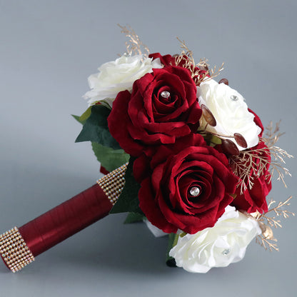 Bulk 9" Bridal Bouquet Burgundy & White Artificial Roses Wedding Bouquets Wholesale