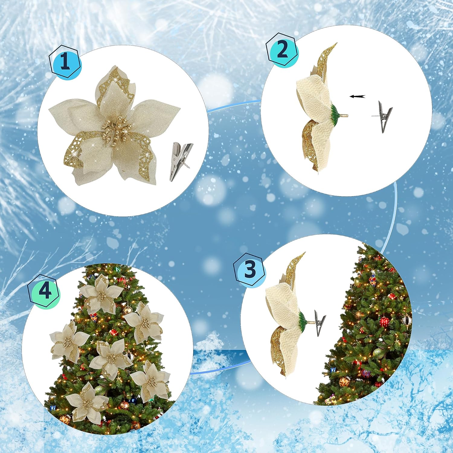 Bulk 12 Pcs Gold Glitter Artificial Poinsettia Flowers with Clips Christmas Tree Ornaments for DIY Wreaths Holiday Home and Party Decor Wholesale