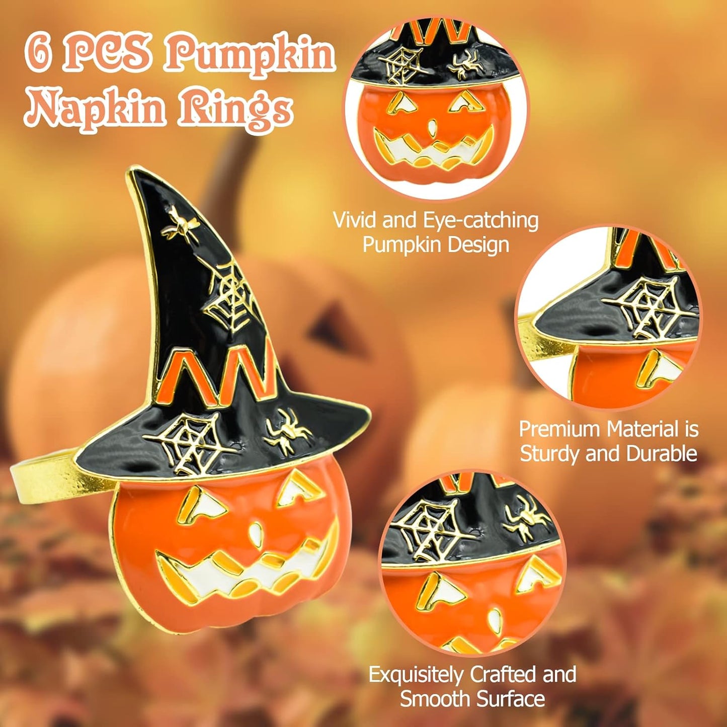 Bulk 6 Pcs Spooky Halloween Napkin Rings Orange Pumpkin and Black Witch Hat Design for Festive Party Table Decor Wholesale