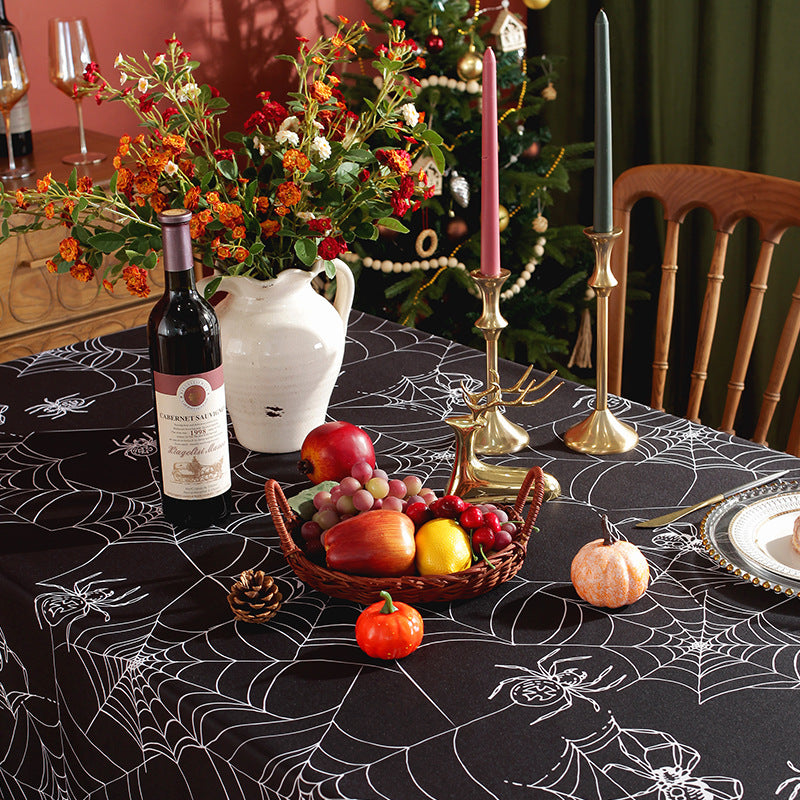 Bulk Spooky Halloween Black Spider Web Rectangular Tablecloth Spill-Proof Polyester Cover for Dining Banquets Parties and Camping Wholesale