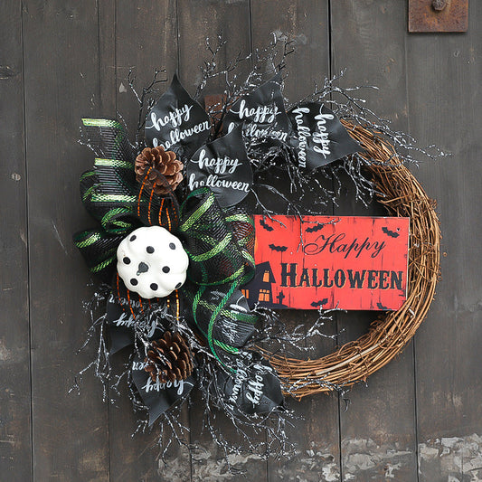 18 Inch Artificial Black Pumpkin Leaves Mesh Wreath Bulk Halloween Decoration