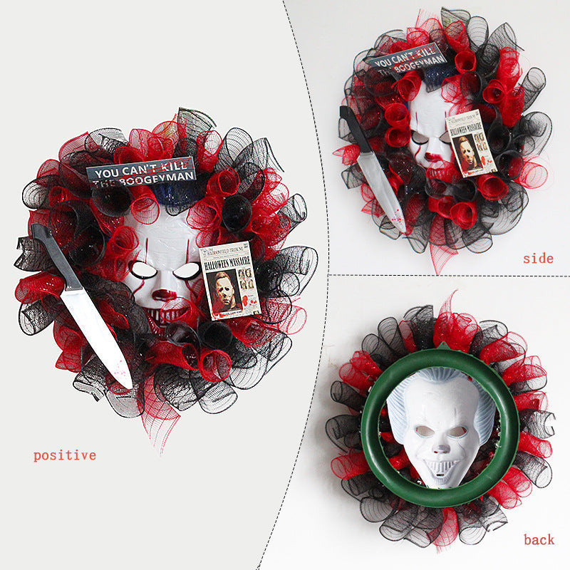 16 Inch Halloween Black Mesh Joker Wreath Bulk Artificial Mask Decoration