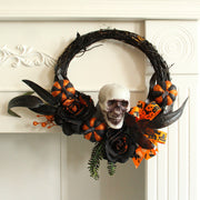 Halloween Feather Skull Pumpkin Wreath 16 Inch Artificial Decorative Bulk Wholesale