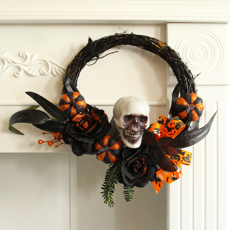 Halloween Feather Skull Pumpkin Wreath 16 Inch Artificial Decorative Bulk Wholesale