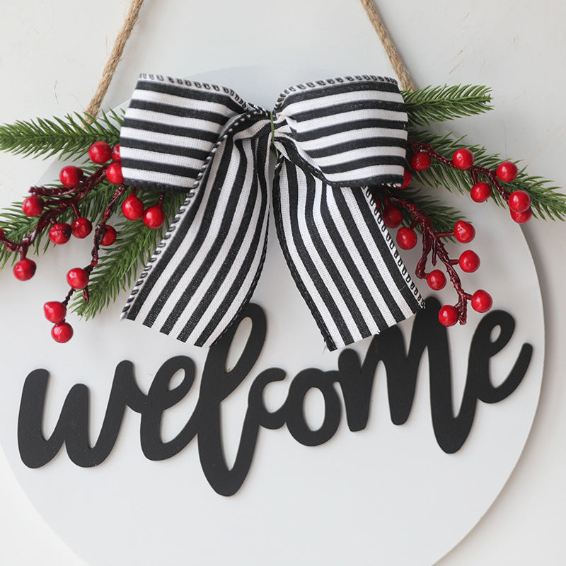 Christmas Black Striped Bow Front Door Decoration 12 Inch Artificial Wreath Accent