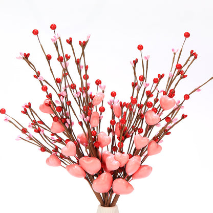 Bulk 3Pcs Red Heart Berry Stems Artificial Valentine’s Day Flowers for Home Office Table Decor Wholesale