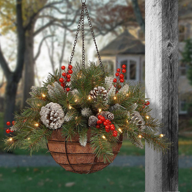Artificial Christmas Hanging Basket with Frosted Berries, Bulk DIY Decoration, Artificial Material