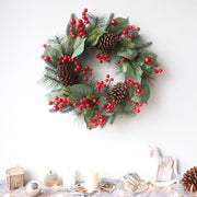 Artificial Christmas Pine Needle Wreath with Red Pine Cones, 20 Inch