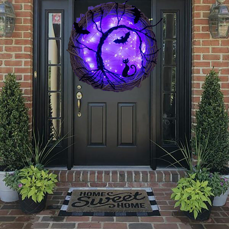 Halloween Witch Broom and Black Cat Light-Up Wreath 12 Inch Purple Artificial Flowers
