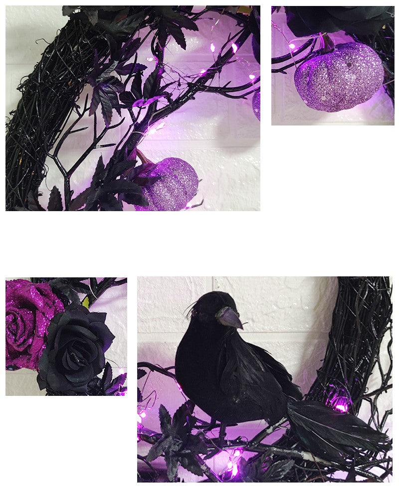 Artificial Maple Leaf Halloween Wreath with Black Crow, Purple Rose, Pumpkin & Grapevine – Fall Party Decoration, Bulk Wholesale