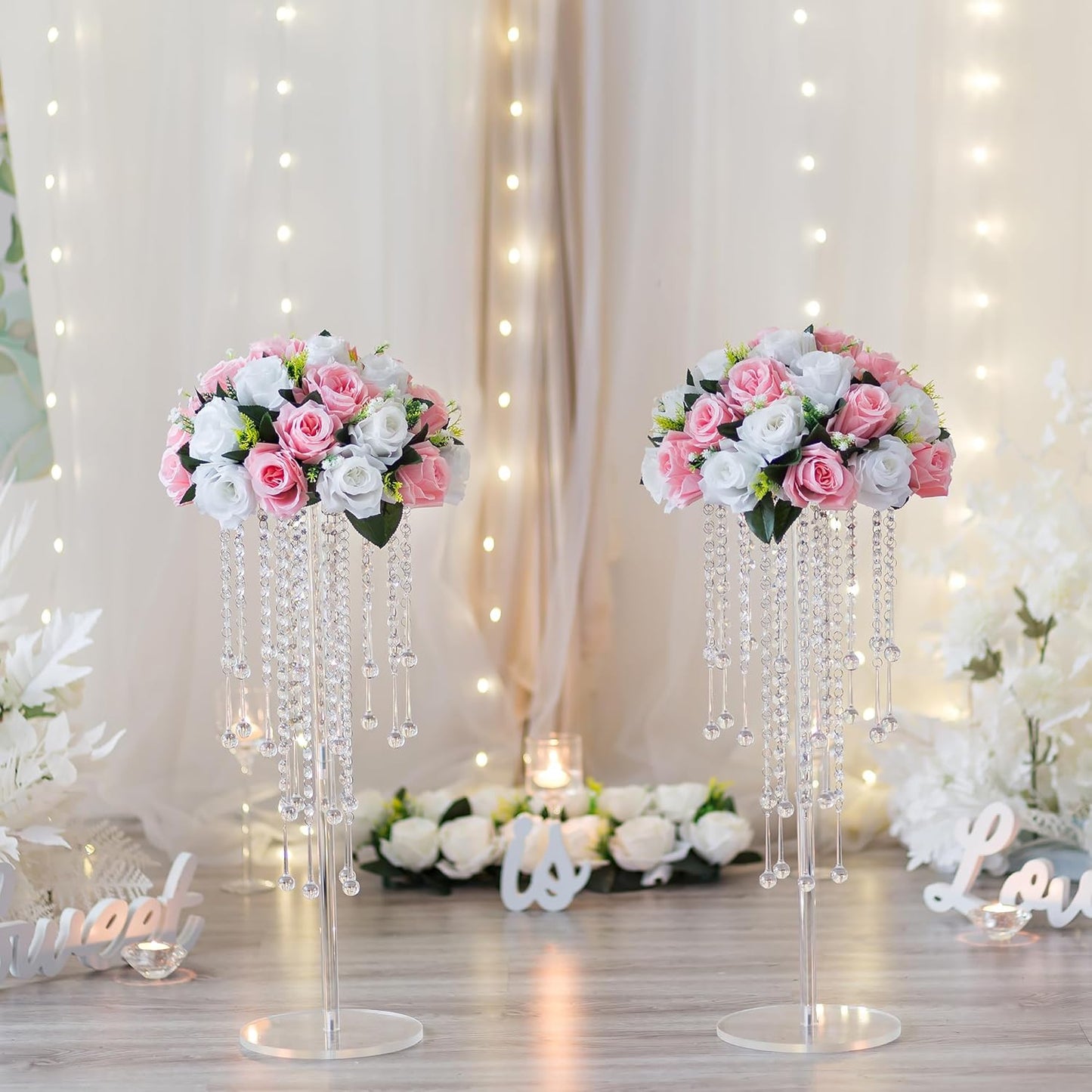 Bulk Set of 2 Elegant 23.6 Inch Acrylic Wedding Centerpiece Vases with Crystal Chandeliers Clear Flower Stands for Table Decorations at Weddings Parties and Home Events Wholesale