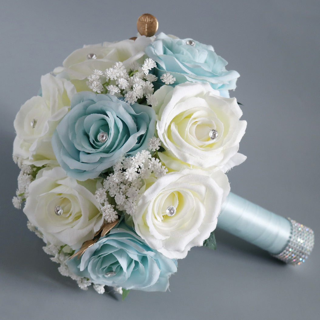 Bulk 8.66" White Blue Artificial Silk Rose Bridal Bouquet Wedding Tossing Ceremony Bouquet Wholesale