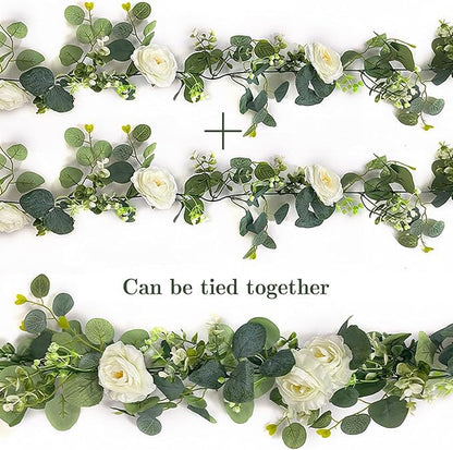 Bulk 2Pcs 5.9Ft Artificial Eucalyptus Garland with Roses Faux Flower Vine for Wedding Party Home Table Decor Wholesale