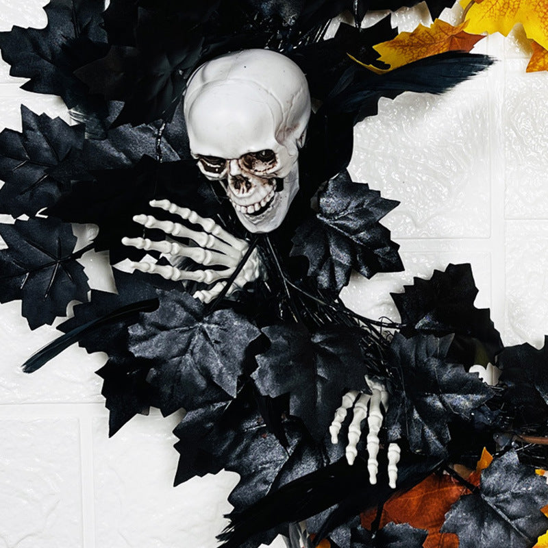Halloween Mesh Pine Cone Berry Rattan Wreath with Skull 18 Inch Black Bulk Wholesale