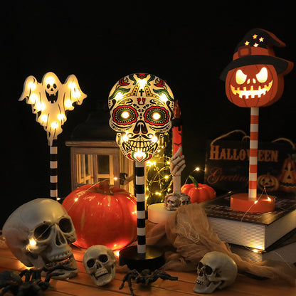 Bulk 2Pcs Halloween LED Pumpkin Ghost Skull Wooden Decorations – Spooky Light-Up Party Decor Wholesale