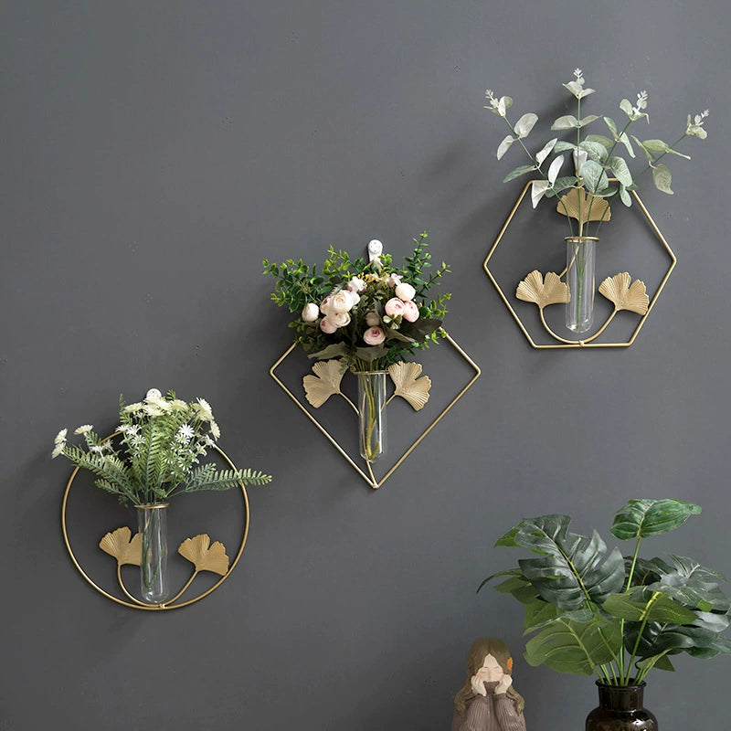 Bulk Wall Mounted Gold Metal Plant Stand with Glass Tube Vase Hanging Planter for Home Living Room Office Decor Wholesale