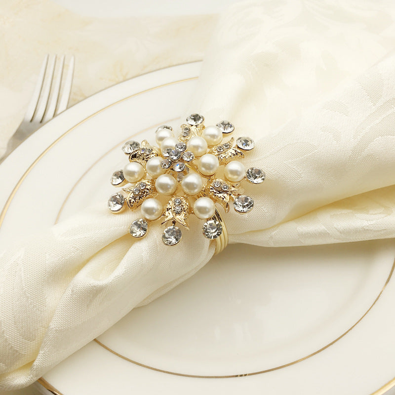 Bulk 12 Pcs Gold Napkin Rings Flower Pearl Rhinestone Napkin Holders for Wedding Party Home and Dining Table Decor Wholesale