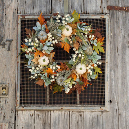 Bulk 14" and 18" Fall Halloween Thanksgiving Christmas Wreaths with Frosted Leaves and Pumpkins for Door Decorations Wholesale
