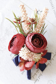 Retro Red Peony and Daisy Boutonnieres and Corsage Set, Bulk Artificial Flowers, Wedding Accessories