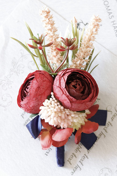 Retro Red Peony and Daisy Boutonnieres and Corsage Set, Bulk Artificial Flowers, Wedding Accessories