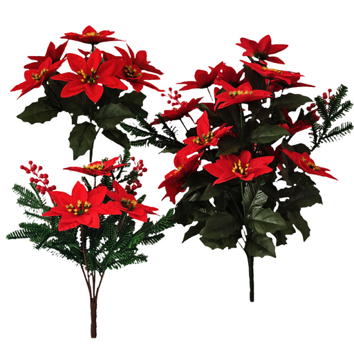 Artificial Poinsettia Bouquet 12 Inch 6 Stems Red Silk Christmas Holiday Decoration Indoor Outdoor