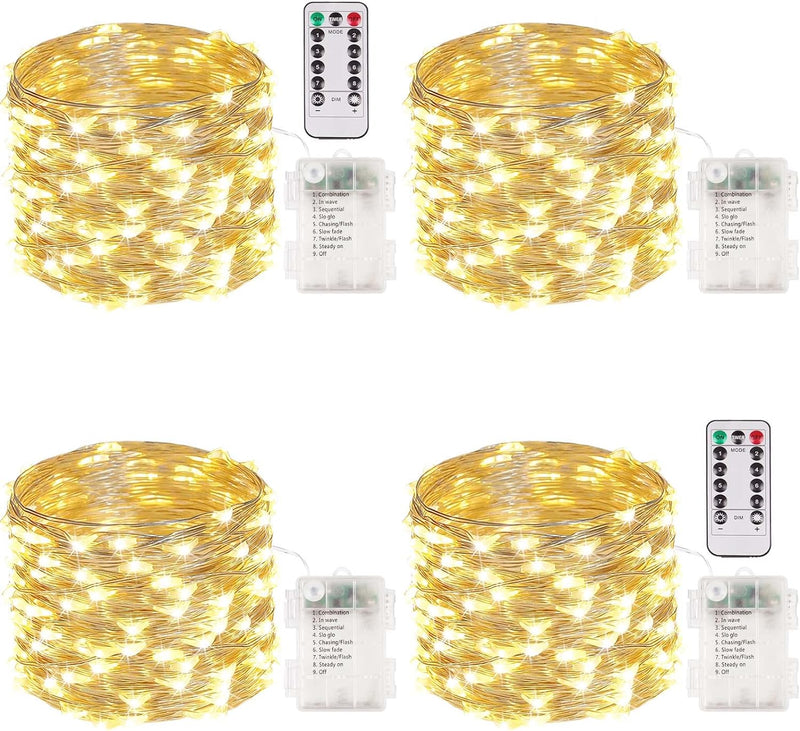 4 Packs 33FT 100 LED Battery Operated Waterproof Fairy String Lights with Remote Timer
