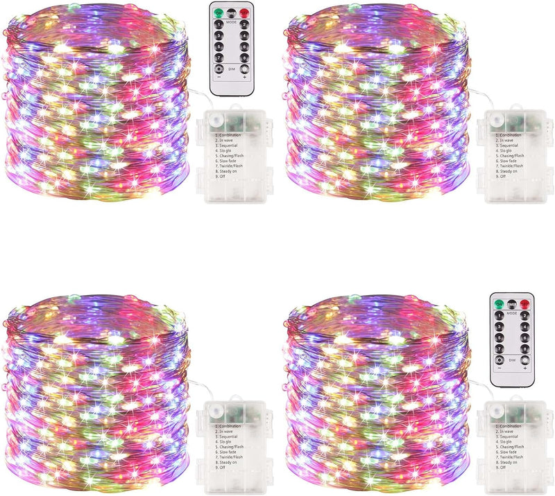 4 Packs 33FT 100 LED Battery Operated Waterproof Fairy String Lights with Remote Timer