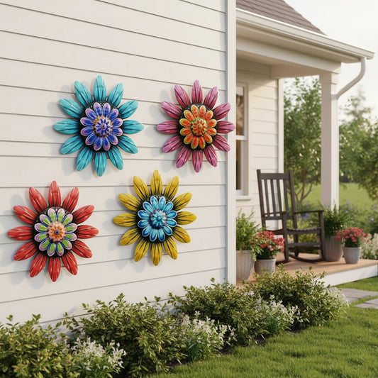 4-Piece Metal Flower Wall Decor Set (5.9”) – Indoor/Outdoor Accents for Home, Garden & Fence