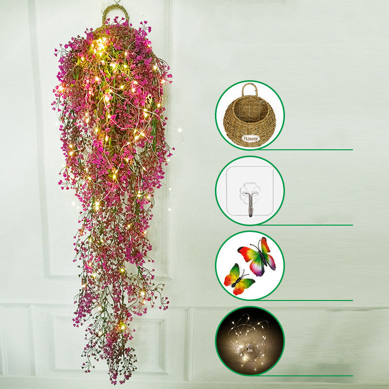 Artificial Hanging Flower Plants with LED Lights, Butterfly Decor, 1 Basket for Home Garden Wedding Porch Wall Garland