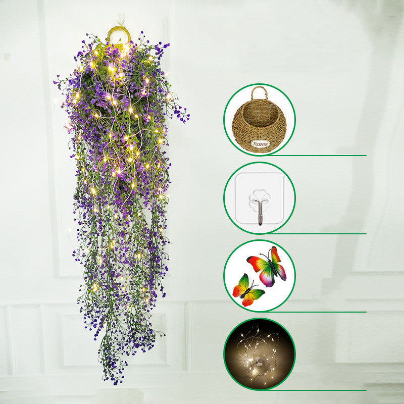 Artificial Hanging Flower Plants with LED Lights, Butterfly Decor, 1 Basket for Home Garden Wedding Porch Wall Garland