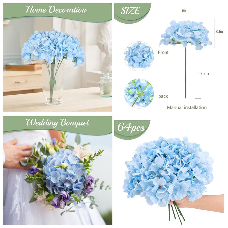 64 Pcs Silk Hydrangea Flowers Artificial Blooms 3-4 Inch for Wedding Centerpieces Home Decor