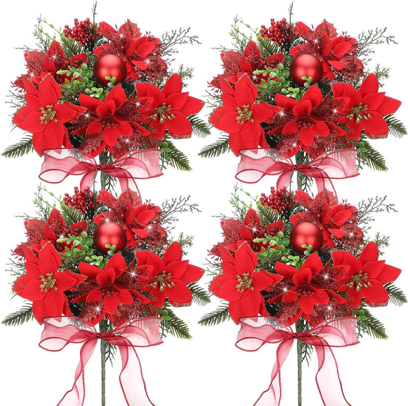 4 Pack 13.8 Inch Faux Velvet Poinsettia Berry Bush Christmas Decoration Artificial Flowers