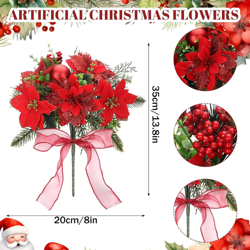 4 Pack 13.8 Inch Faux Velvet Poinsettia Berry Bush Christmas Decoration Artificial Flowers